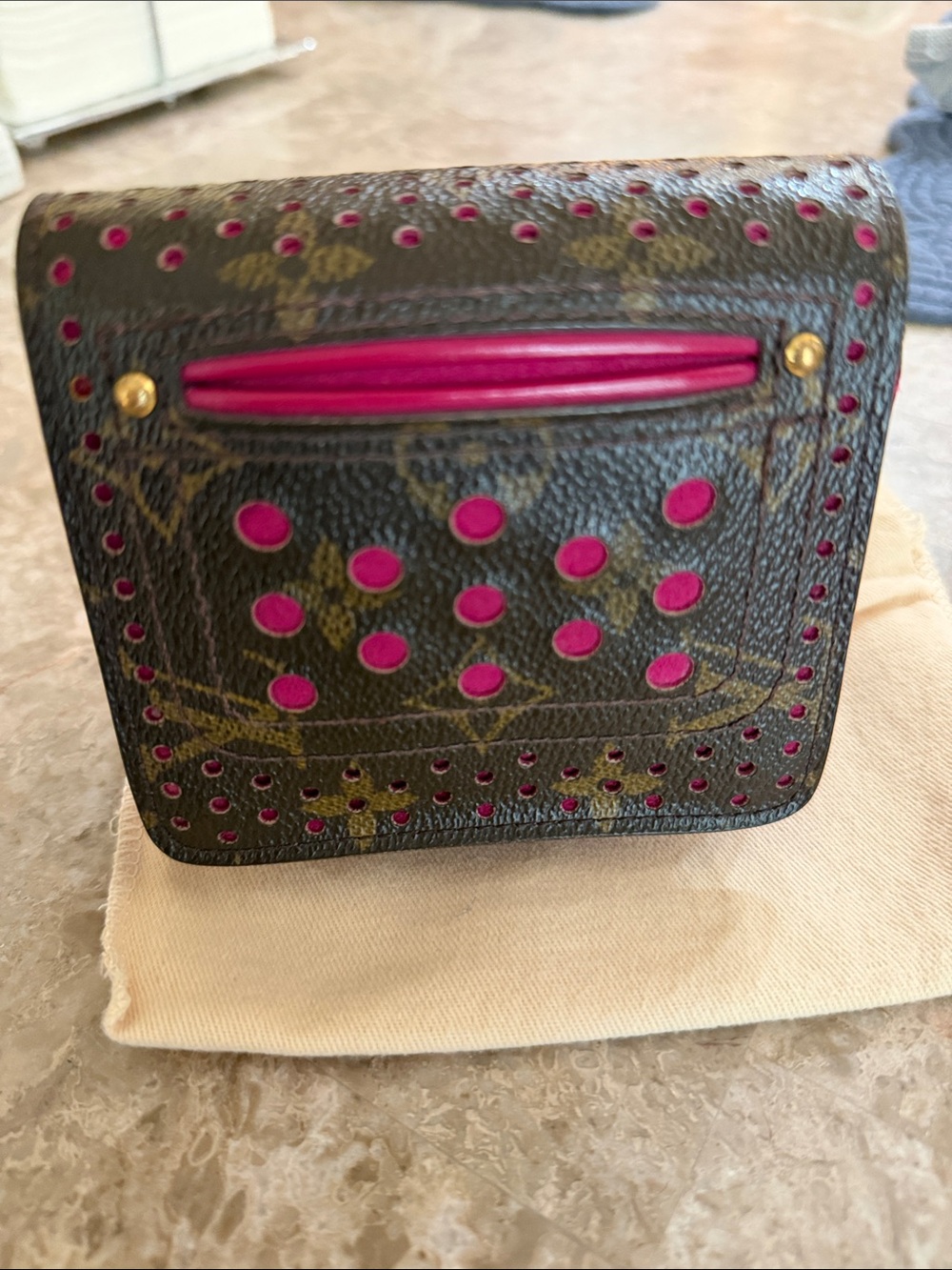 Louis Vuitton Auth Monogramed Perforated Compact Zipper Fuschia wallet /dustbag - Picture 10 of 17